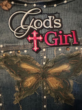 Load image into Gallery viewer, Women’s Upcycled Denim Statement Vest | Pearl &amp; Rhinestone Embellished | “God’s Girl” Patchwork Fashion Vest
