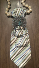 Load image into Gallery viewer, Striped Necktie Statement Necklace with Peacock Brooch and Pearl Collar
