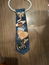 Load image into Gallery viewer, Denim Statement Necklace – Pearl Chain with Embellished Afrocentric Patchwork Pendant
