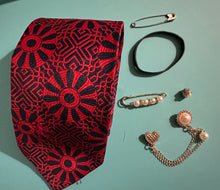 Load image into Gallery viewer, Red and Black Statement Necktie Necklace with Gold Chain and Pearl Drop Accents
