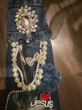 Load image into Gallery viewer, Upcycled Denim Necktie Statement Necklace with Pearls and “I Love Jesus” Charm | Handmade Christian Jewelry | Faith Inspired Statement Accessor
