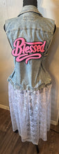 Load image into Gallery viewer, Women’s “Blessed” Denim Size XL Vest with Full-Length Lace Overlay – Summer Boho Layering Piece
