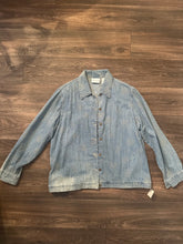Load image into Gallery viewer, Faith-Inspired Embroidered Denim Jacket | Size 16 | Custom Patch Christian Statement Jacket
