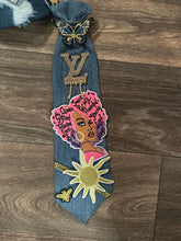 Load image into Gallery viewer, Custom Denim Statement Set – Embellished Hat &amp; Designer-Inspired Tie with Afrocentric Art
