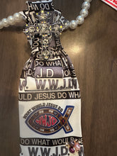 Load image into Gallery viewer, WWJD Christian Necktie Statement Necklace with Cross Brooch | Faith Inspired Handmade Jewelry | Christian Boutique Statement Necklace
