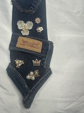 Load image into Gallery viewer, Denim Tie Necklace with Faux Pearls and Queen Charms | Statement Upcycled Denim Jewelry
