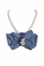 Load image into Gallery viewer, Denim Bow Pearl Statement Necklace with Rhinestone Center SculptFold™ Bow Necklace
