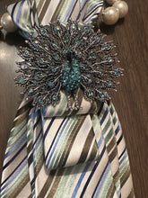 Load image into Gallery viewer, Striped Necktie Statement Necklace with Peacock Brooch and Pearl Collar

