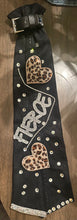 Load image into Gallery viewer, “FIERCE” Black Statement Tie Necklace with Rhinestones &amp; Leopard Heart Accents – Bold Upcycled Fashion Piece
