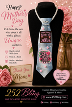 Load image into Gallery viewer, Mother’s Day Denim Tie Necklace – “Mom” Statement Bling (One of a Kind)
