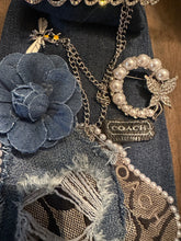 Load image into Gallery viewer, Upcycled Denim Necktie Necklace “Blessed” | Pearl Statement Necklace | Coach Denim Jewelry | Handmade Wearable Art
