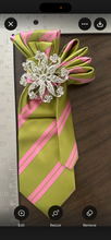 Load image into Gallery viewer, Pink &amp; Olive Green Upcycled Necktie Necklace | Pearl Statement Tie with Rhinestone Brooch | One-of-a-Kind Wearable Art
