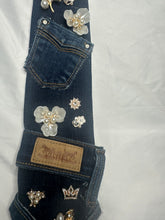 Load image into Gallery viewer, Denim Tie Necklace with Faux Pearls and Queen Charms | Statement Upcycled Denim Jewelry
