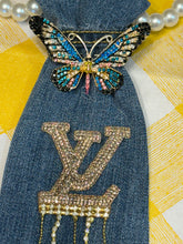 Load image into Gallery viewer, Embellished Denim Tie Necklace – Afrocentric Statement Piece with Pearl Strand &amp; Butterfly Brooch
