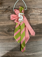 Load image into Gallery viewer, Pink &amp; Green Upcycled Women’s Necktie Necklace with Pearls | Statement Tie Jewelry with Brooch Choice
