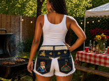 Load image into Gallery viewer, Custom Denim Apron Shorts Overlay – Reworked Abercrombie &amp; Fitch Denim Statement Piece
