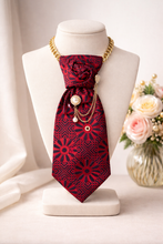 Load image into Gallery viewer, Red and Black Statement Necktie Necklace with Gold Chain and Pearl Drop Accents
