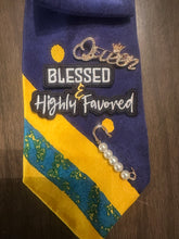 Load image into Gallery viewer, Blessed &amp; Highly Favored Statement Tie Necklace | Faith-Inspired Custom Brooch Accessory | Pearl Necklace Backing
