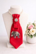 Load image into Gallery viewer, Red Satin Statement Necktie Necklace with Lucite Elephant Brooch &amp; Crystal Floral Accent
