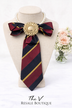 Load image into Gallery viewer, Burgundy &amp; Navy Striped Statement Tie Necklace with Gold Medallion | Pearl Accent Fashion Necklace
