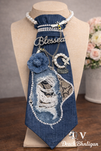 Load image into Gallery viewer, Upcycled Denim Necktie Necklace “Blessed” | Pearl Statement Necklace | Coach Denim Jewelry | Handmade Wearable Art
