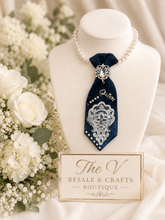Load image into Gallery viewer, Queen Denim, Lace, and Pearls Statement Necklace Tie
