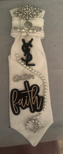 Load image into Gallery viewer, Faith Statement White Necktie | Queen Faith Christian Tie | Pearl Rhinestone Designer Inspired Accessory
