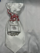 Load image into Gallery viewer, White Satin Statement Tie Necklace with Red Rhinestone Elephant Brooch | Pearl &amp; Crystal Couture Accessory
