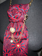 Load image into Gallery viewer, Red and Black Statement Necktie Necklace with Gold Chain and Pearl Drop Accents
