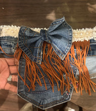 Load image into Gallery viewer, Upcycled Denim Apron Skirt with Fringe &amp; Embellished Pockets | Western Boho Statement Piece
