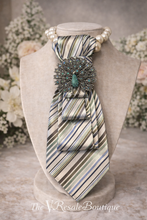 Load image into Gallery viewer, Striped Necktie Statement Necklace with Peacock Brooch and Pearl Collar
