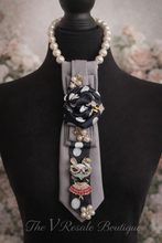 Load image into Gallery viewer, Couture Polka Dot Necktie Statement Necklace with Rhinestone Lady Brooch | One of a Kind Wearable Art
