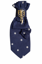 Load image into Gallery viewer, Navy Blue Statement Necktie Necklace with Gold Bow Brooch &amp; Pearl Drop Accent
