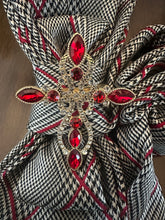 Load image into Gallery viewer, Houndstooth Plaid Upcycled Necktie Necklace with Red Jeweled Brooch &amp; Pearls | Women’s Statement Tie
