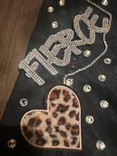 Load image into Gallery viewer, “FIERCE” Black Statement Tie Necklace with Rhinestones &amp; Leopard Heart Accents – Bold Upcycled Fashion Piece
