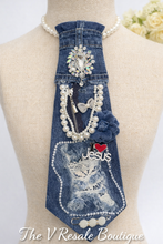 Load image into Gallery viewer, Upcycled Denim Necktie Statement Necklace with Pearls and “I Love Jesus” Charm | Handmade Christian Jewelry | Faith Inspired Statement Accessor
