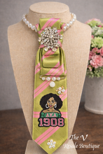 Load image into Gallery viewer, AKA 1908 Pink and Green Necktie Necklace | Alpha Kappa Alpha Inspired Statement Jewelry | Handmade Pearl Tie Necklace | Sorority Inspired Fashio

