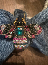 Load image into Gallery viewer, SculptFold™ Denim Bow Statement Necklace – Bee Embellished Designer-Inspired Piece
