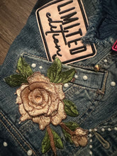 Load image into Gallery viewer, Women’s Upcycled Denim Statement Vest | Pearl &amp; Rhinestone Embellished | “God’s Girl” Patchwork Fashion Vest
