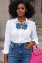 Load image into Gallery viewer, Denim Bow Pearl Statement Necklace with Rhinestone Center SculptFold™ Bow Necklace
