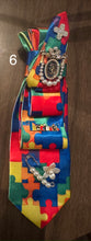 Load image into Gallery viewer, Autism Awareness Statement Necktie Necklace | Custom Brooch Embellished Tie | Bold Faith &amp; Love Design
