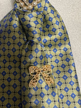Load image into Gallery viewer, Upcycled Green and Blue patterned Necktie Pearl Necklace with Vintage inspired Heart &amp; Bow Brooch Accents
