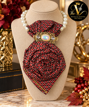 Load image into Gallery viewer, Autumn Opulence | Handmade Upcycled Necktie Rose Necklace with Pearls &amp; Vintage-Inspired Gold Brooch
