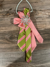 Load image into Gallery viewer, Pink &amp; Green Upcycled Women’s Necktie Necklace with Pearls | Statement Tie Jewelry with Brooch Choice
