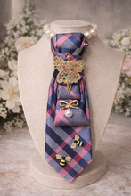 Load image into Gallery viewer, Pink &amp; Blue Plaid Necktie Statement Necklace with Fairy Brooch and Bee Accents
