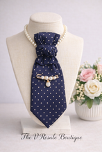Load image into Gallery viewer, Navy Blue Polka Dot Necktie Necklace with Pearl Accent Bar – Statement Boutique Jewelry
