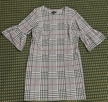 Load image into Gallery viewer, Size 1X grey plaid sheath dress with three-quarter bell sleeves
