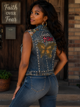 Load image into Gallery viewer, Women’s Upcycled Denim Statement Vest | Pearl &amp; Rhinestone Embellished | “God’s Girl” Patchwork Fashion Vest
