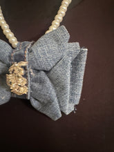 Load image into Gallery viewer, Denim Bow Pearl Statement Necklace with Rhinestone Center SculptFold™ Bow Necklace
