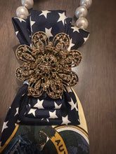 Load image into Gallery viewer, Upcycled Denim &amp; Structure Patriotic Necktie Necklace | Statement Tie Necklace | Handmade Boutique
